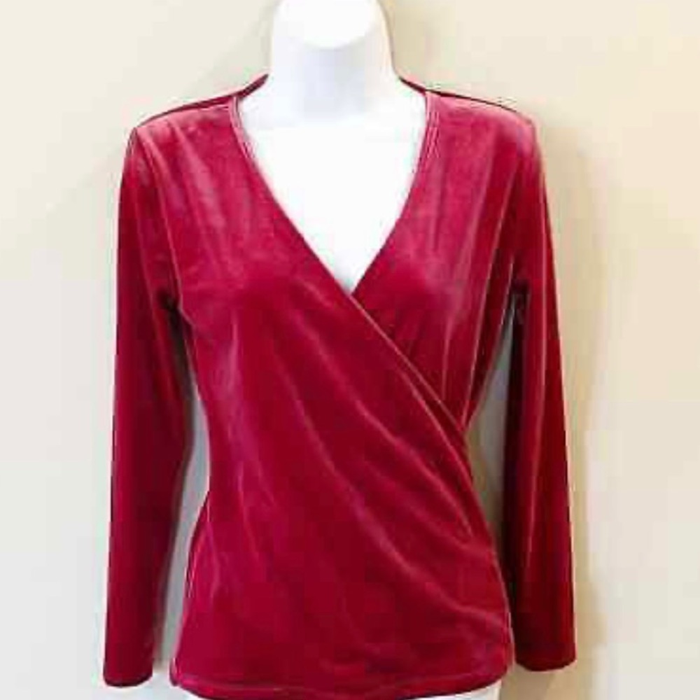 J. Crew Mercantile burgundy faux wrap velvet top.